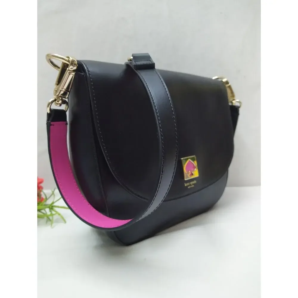 Kate Spade New York Doreen Black Leather Logo Flap Closure Crossbody Bag